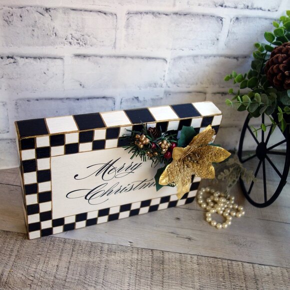Checked Merry Christmas Sign Checked Ornament Checked Holiday Courtly Decor - Picture 3 of 7